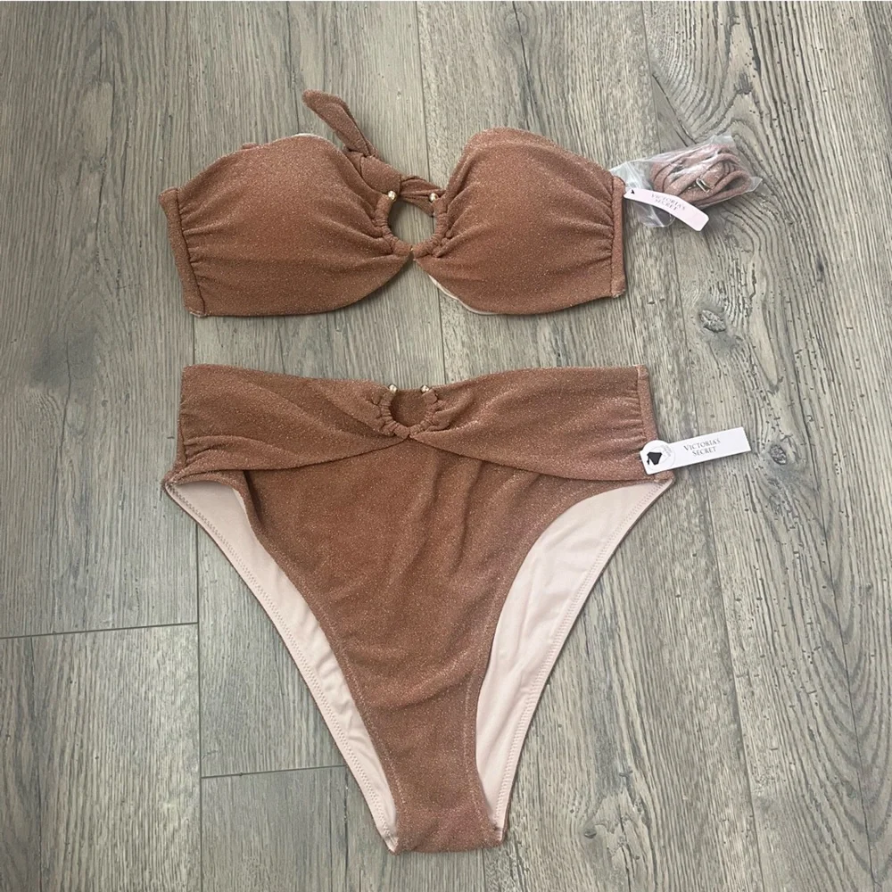 NWT Victoria Secret High Waist Cheeky Shimmer‎ Brown Bikini Two Piece Sz L